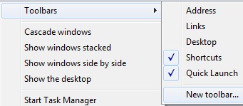 di Taskbar yang muncul sebelumnya di Windows XP dan Vista Trik Menampilkan Shortcut Toolbar “Quick Launch”, “Show Desktop”, dan Switch Windows” di Windows 7