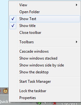 di Taskbar yang muncul sebelumnya di Windows XP dan Vista Trik Menampilkan Shortcut Toolbar “Quick Launch”, “Show Desktop”, dan Switch Windows” di Windows 7